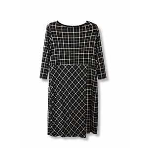 J. Jill Wearever Black White Windowpane 3/4 Sleeve Faux Wrap Midi Dress S